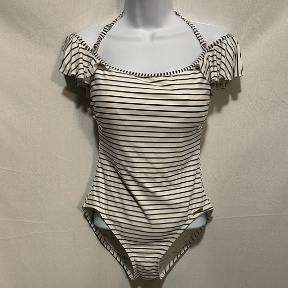 Vince Camuto Cream and Black Striped One Piece Swimsuit - Picture 1 of 8